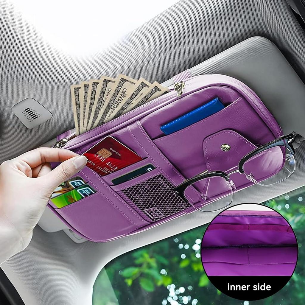 Car Sun Visor Organizer, Multi-Pocket PU Leather Sunglass Holder And Storage Pocket With Net Zipper, Card Sleeve Pocket Organizer, Auto Interior