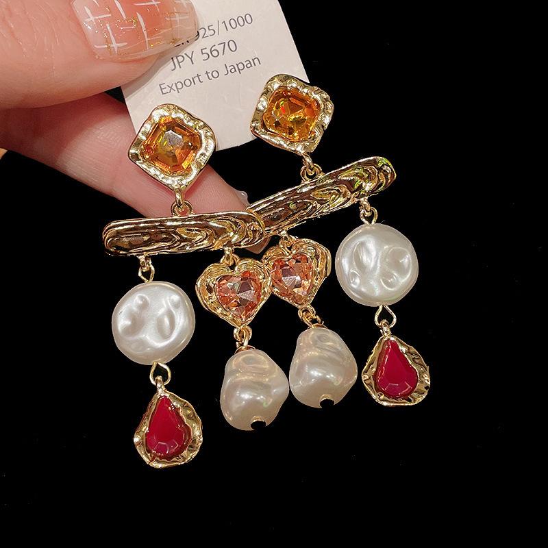 Pendientes de Carrillón de Viento de Perla y Cristal de Aguja Plateada Vintage