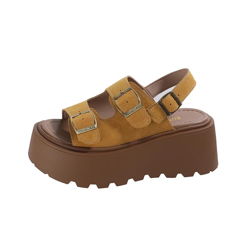 Women's casual slippers 2025 one word buckle strap open toe muffin bottom hundred fashion sandals thick bottom heightening shoes