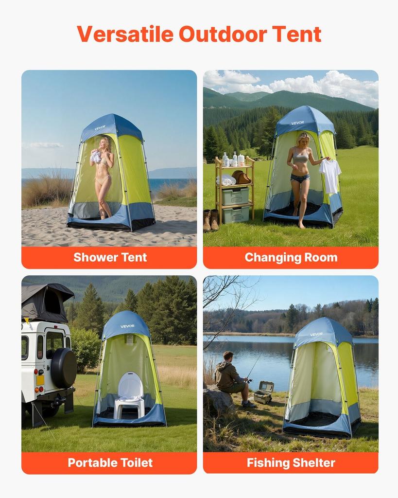 Camping Shower Tent, 1 Room, Portable Privacy Tent Changing Room with Ground Stakes, Ropes, Carry Bag, and Steel Poles, 200D Oxford Fabric with Silver