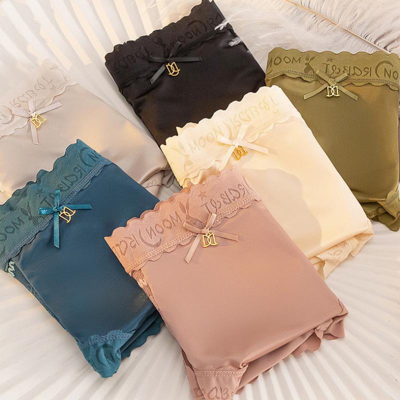 Nahtlose Damen-Slips aus Satin mit mittlerer Taille, Spitzen-Schleifenhöschen, niedliche Unterwäsche