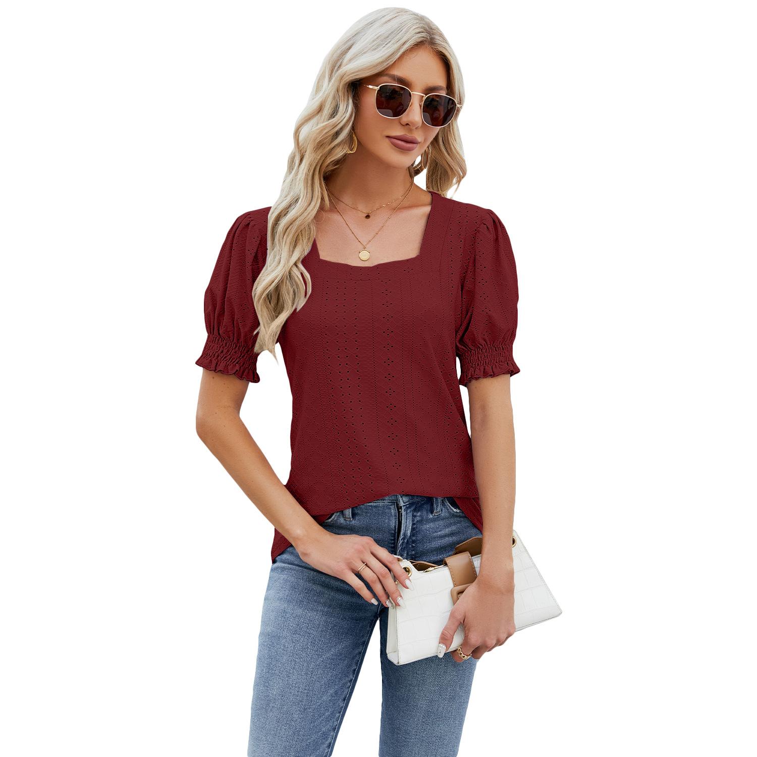 

Жіноча футболка весна-літо Жакардовий квадратний виріз, однотонна вільна футболка з рукавами-пухирями XL бордовий