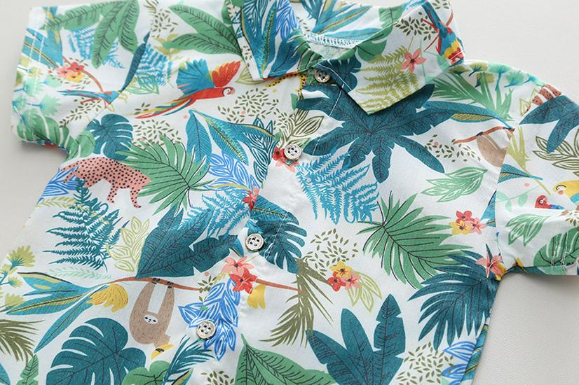 2026 Summer Southeast Asian Resort Boys' Leaf-Print Lapel Shirt & White Shorts Set