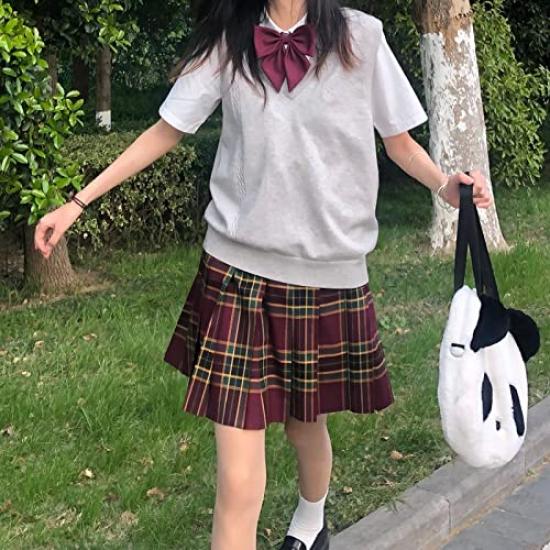 Sharphon Check Pleated Pleated Bow Set Skirt, 43/48cm Length, B10, Uniform, High-Waisted Skirt, Tie, 3-Piece