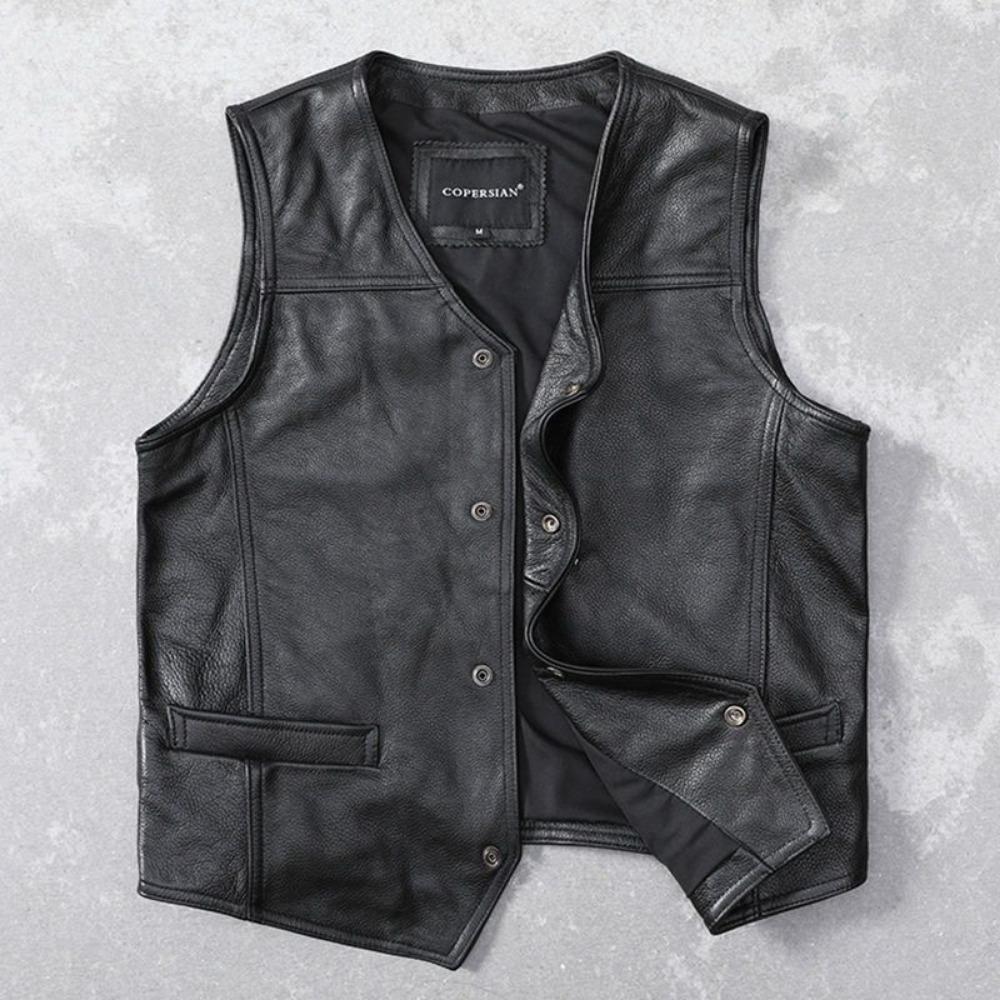 First Layer Cowhide Leather Vest Men's Pure Leather Vest Slim Fit Tooling Sleeveless Leather Jacket V-neck Vest