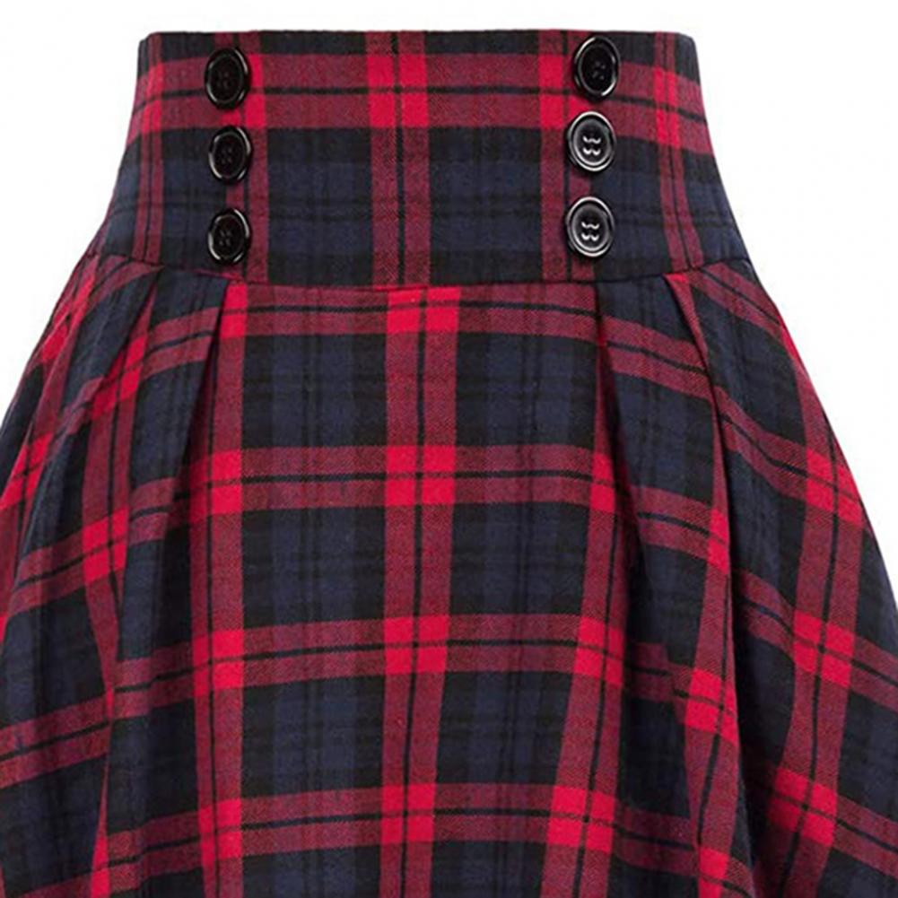 Spring Autumn Women's Skirt Elastic Waist Big Hem A-line Colorblock Plaid Print Loose Fit Skirt Ankle Length Pockets Retro Lady Maxi Skirt