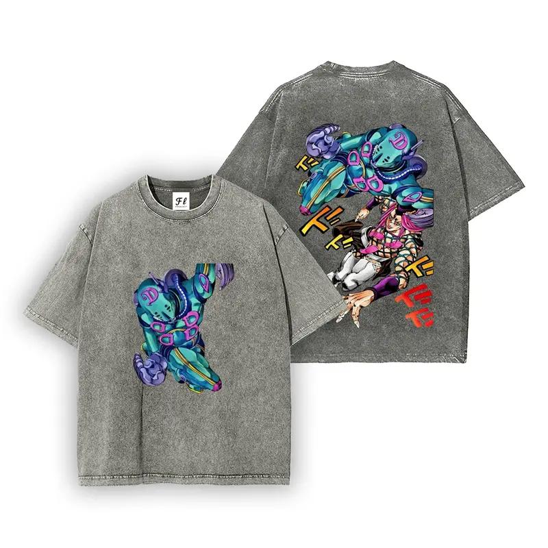 JoJo's Bizarre Adventure Anasui Bedrucktes T-Shirt Herren Damen Retro Gewaschene T-Shirts Übergroßes Baumwoll-T-Shirt Kurzarm Streetwear