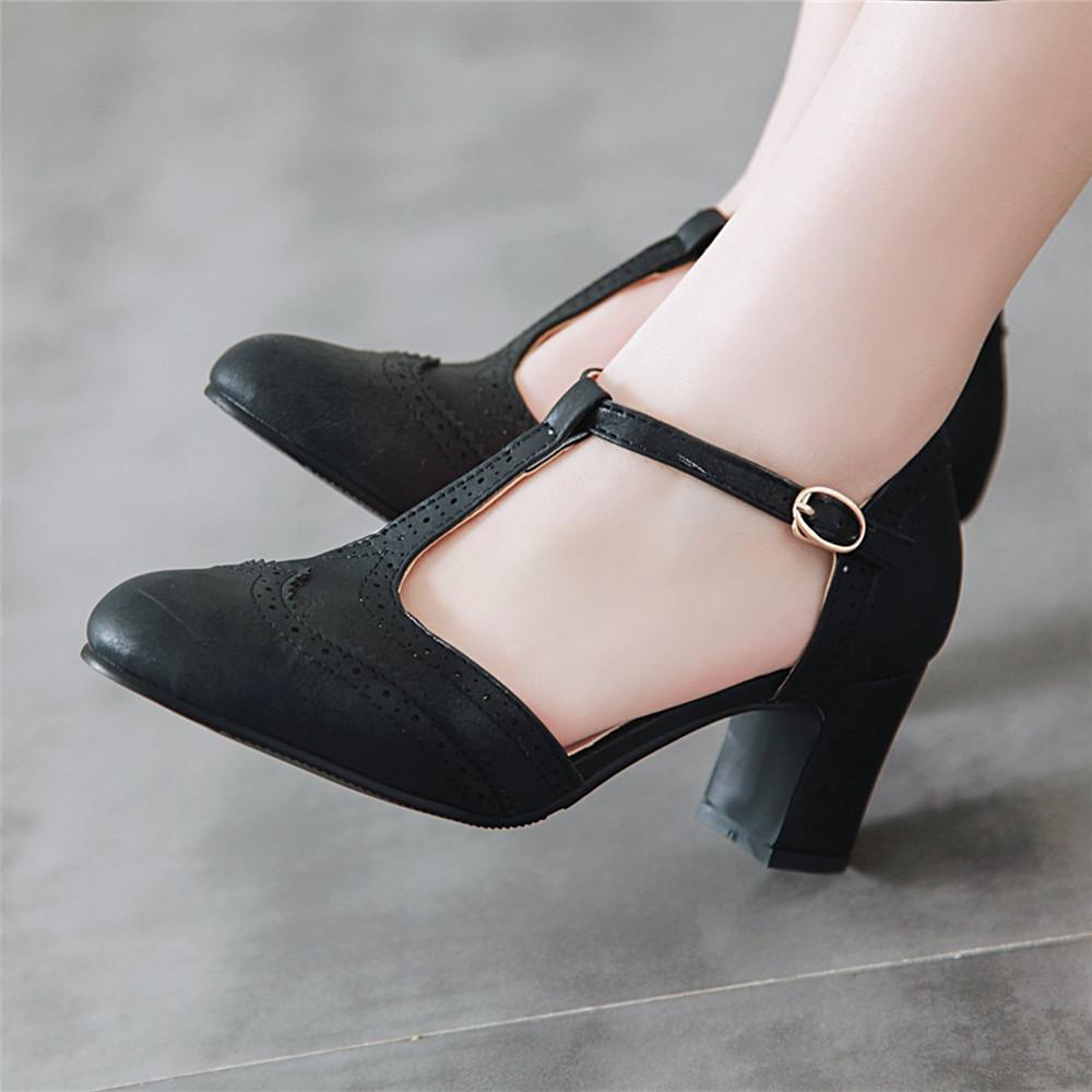 Fashion 2025 Vintage PU Leather Women's Shoes Rome Style Splice Pointed Toe Buckle T-strap Ladies High Pumps Plus Size 32-43