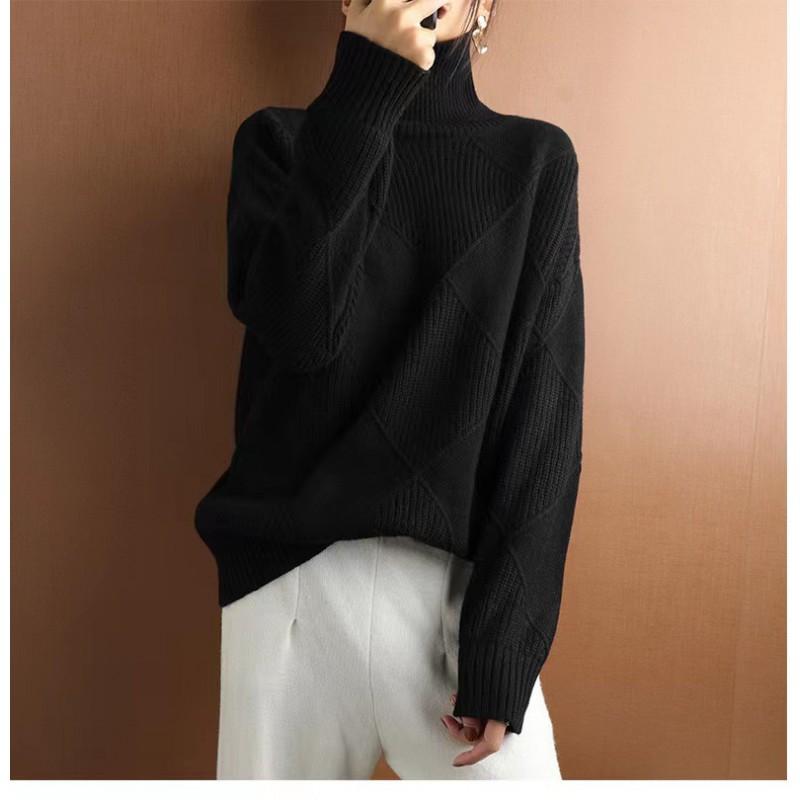 Womens High Neck Knit Sweater Solid Color Rhombus Warm Thick Long Sleeve Pullover