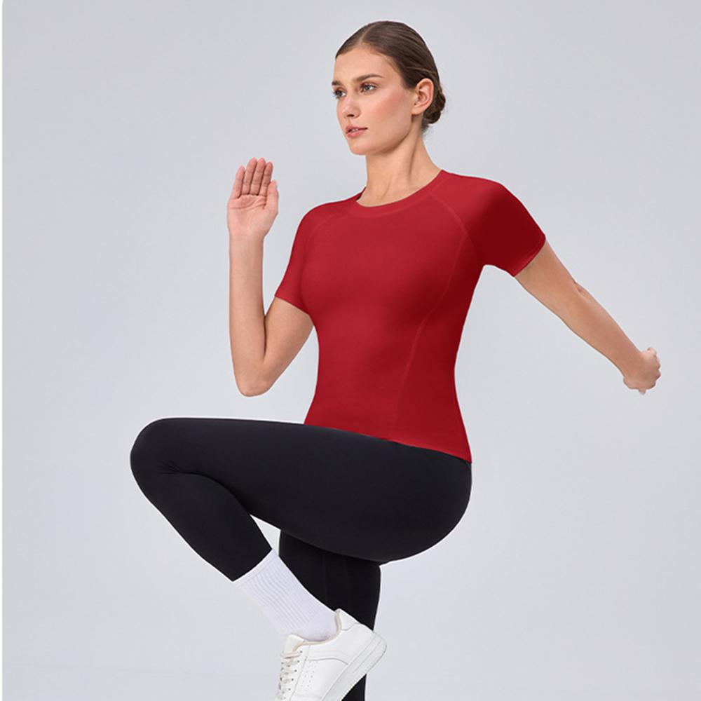 Women Slim Fit Yoga Short Sleeve T-shirt High Elastic Quick Dry Round Neck Top Breathable Slimming Gym Sports Running Shirt
