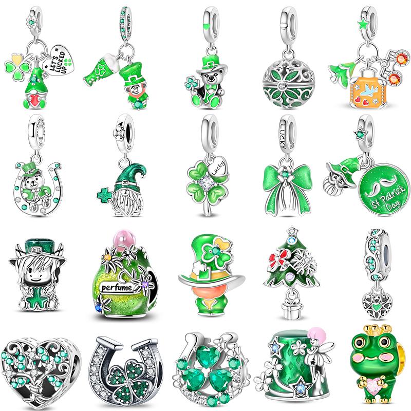 925 Silver Green St Patricks Clover Pendant DIY Charm Beads for Original Bangle Charms Bracelet Women Jewelry