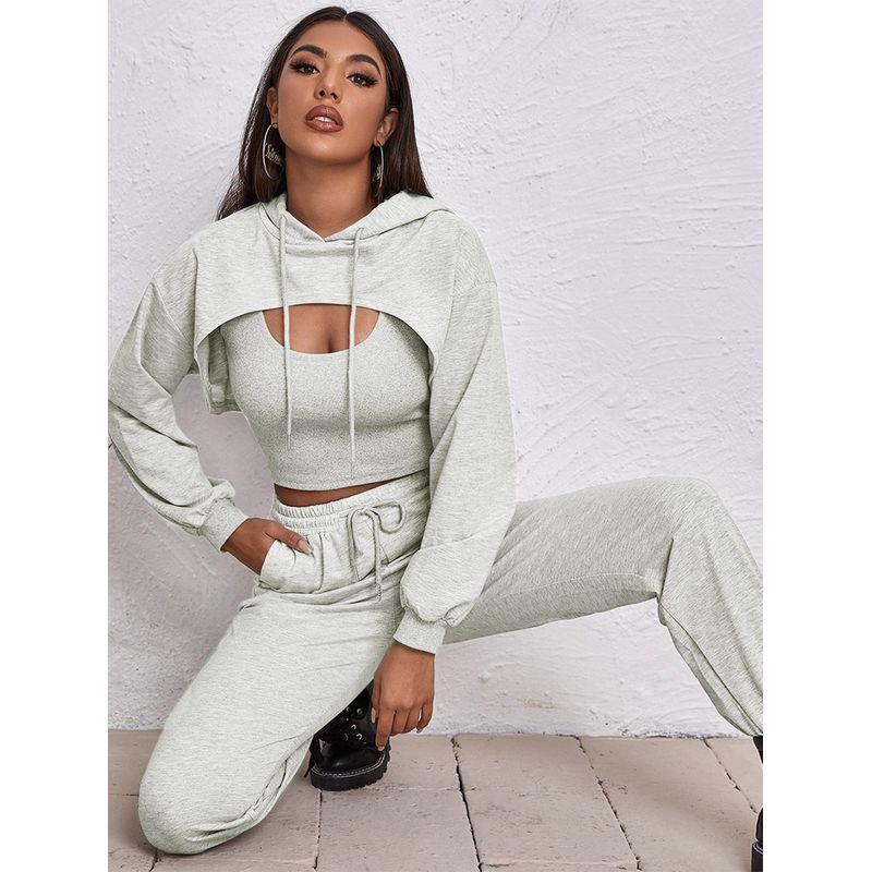 

Новое женское спортивное платье с капюшоном на кулиске, свободное, с бандажной отделкой, короткое, маленькое, майка-слинг, толстовка, комплект из двух предметов, спортивный костюм 8679-rice White M