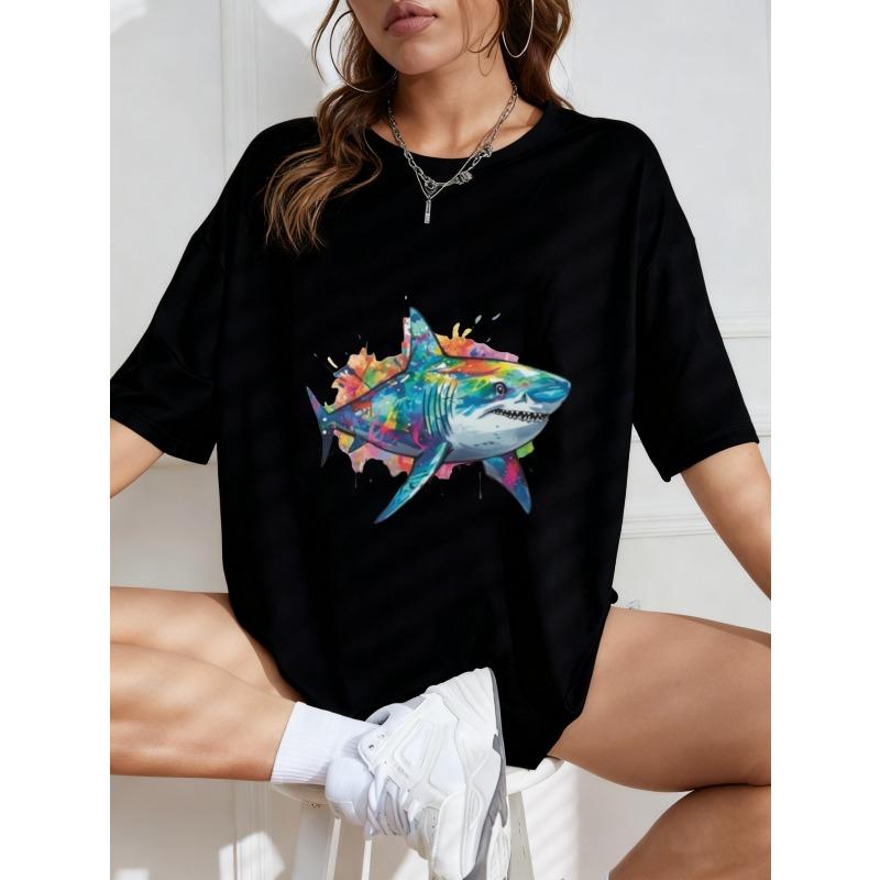 White Oversized T Shirt With Colorful Shark Print For Casual Wear