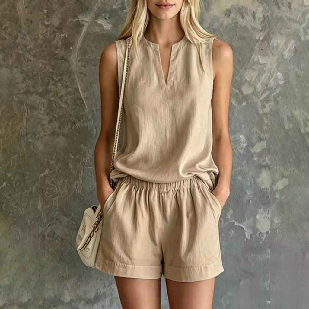 Women's Casual Two Piece Set Sleeveless V Neck Loose Fit Top with Shorts Summer Outfit Lightweight Breathable Fabric