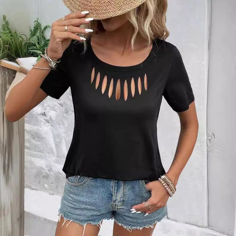 

Women s Solid Color Casual and Fashionable Chest Hollow Loose Short-sleeved T-shirt S чёрный