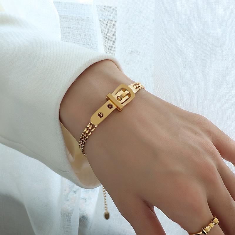 Fashion Ladies Stainless Steel Bracelet Korean Trend Belt Buckle Design Three-Layer Bead Box Chain Bracelet For Women