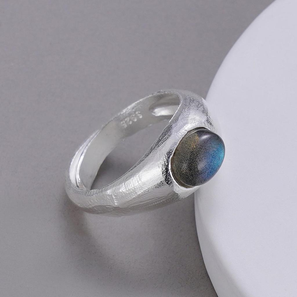 Damen 925 Sterlingsilber Labradorit Offener Ring – High-End Naturkristall Vintage Schmuck