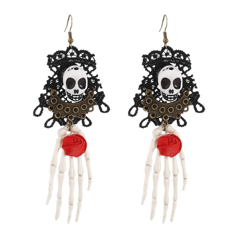 Halloween Fashion Trend Lace Skull Hand Earrings, Fun Holiday Party Earrings