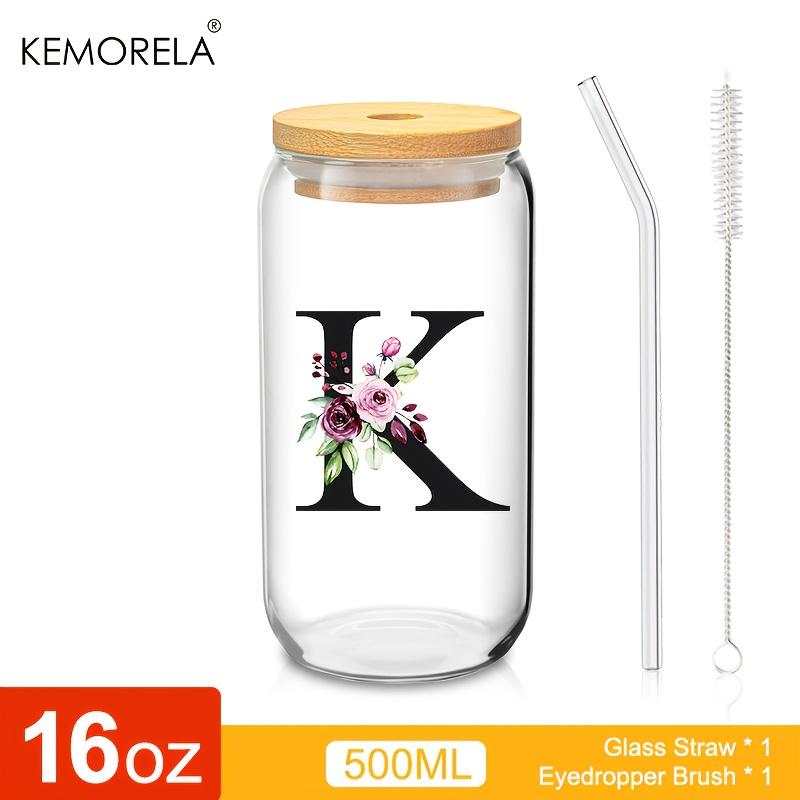 1 STÜCK 24 Buchstaben Glas Trinkbecher mit Bambusdeckel Strohhalm Individuelle Eiskaffeetasse 470ML Klares Mason Jar Bier Smoothie Cocktail