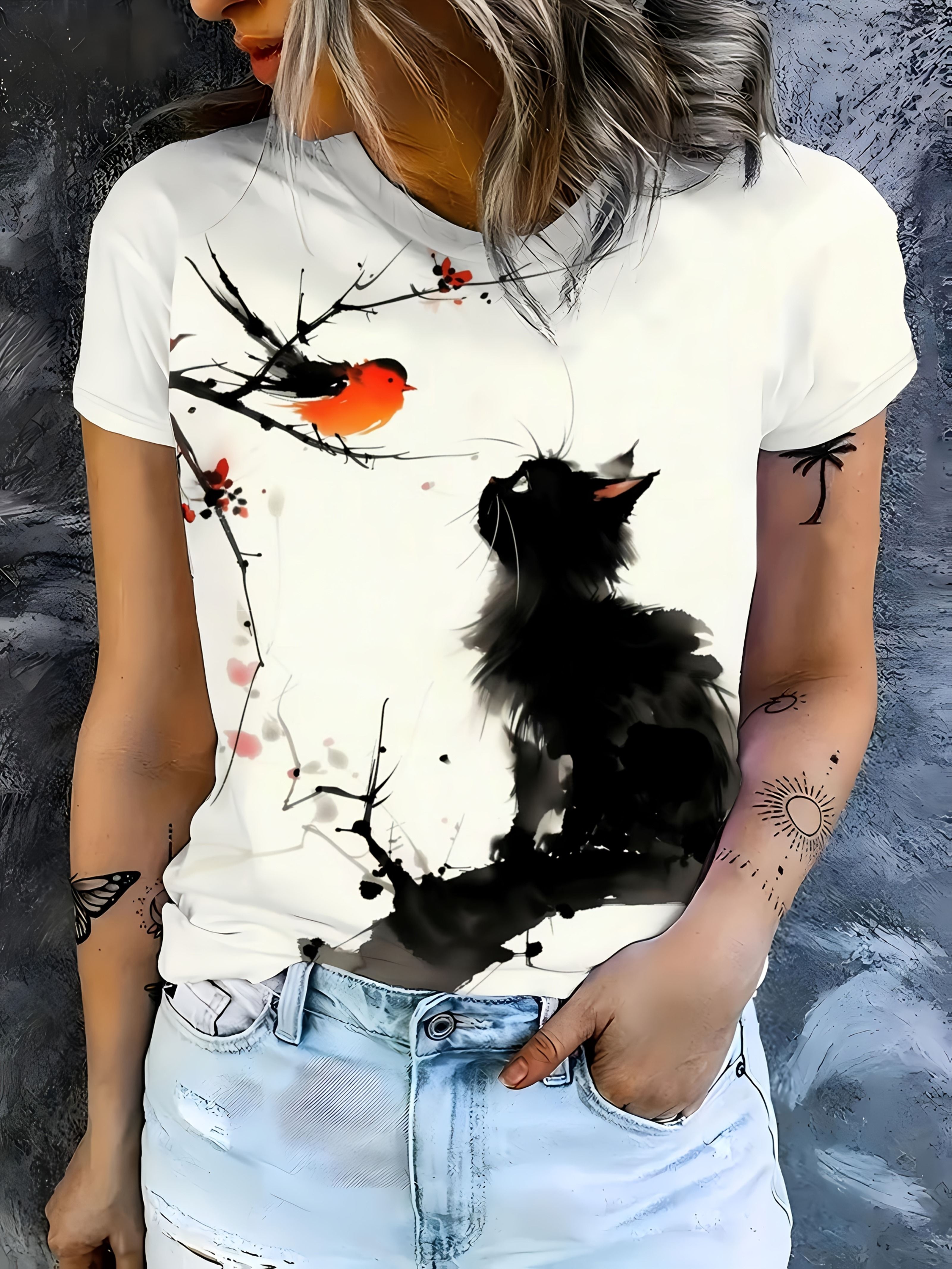 Ink Cat And Bird Print Short Sleeves. Chinese Style Brushstrokes. Capturing Poetic Atmosphere. Fashionable Casual T-Shirt. 180 Imitation Fabric. Fiber L дубильная кора