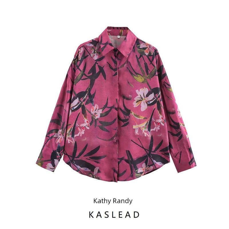 Kaslead New Arrival Women's Fashion Style Fashion Minimalist Silk Satin Texture Print Shirt 9217281