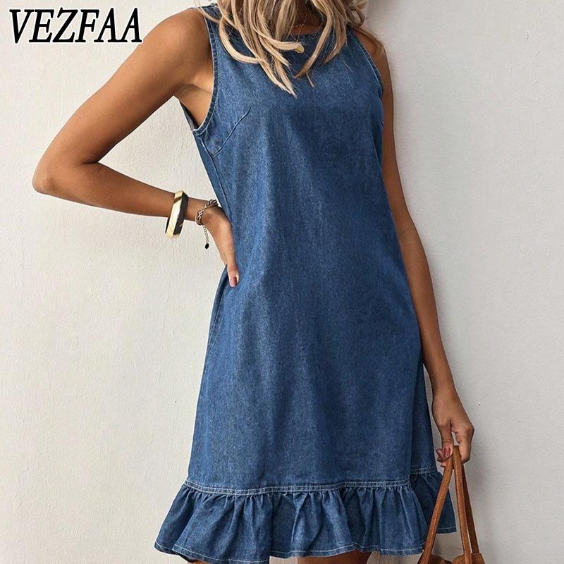 VEZFAA Women's Fashion Summer Spring Solid Color Print Sleeveless O-Neck Loose Waistlinet Casual Dresses