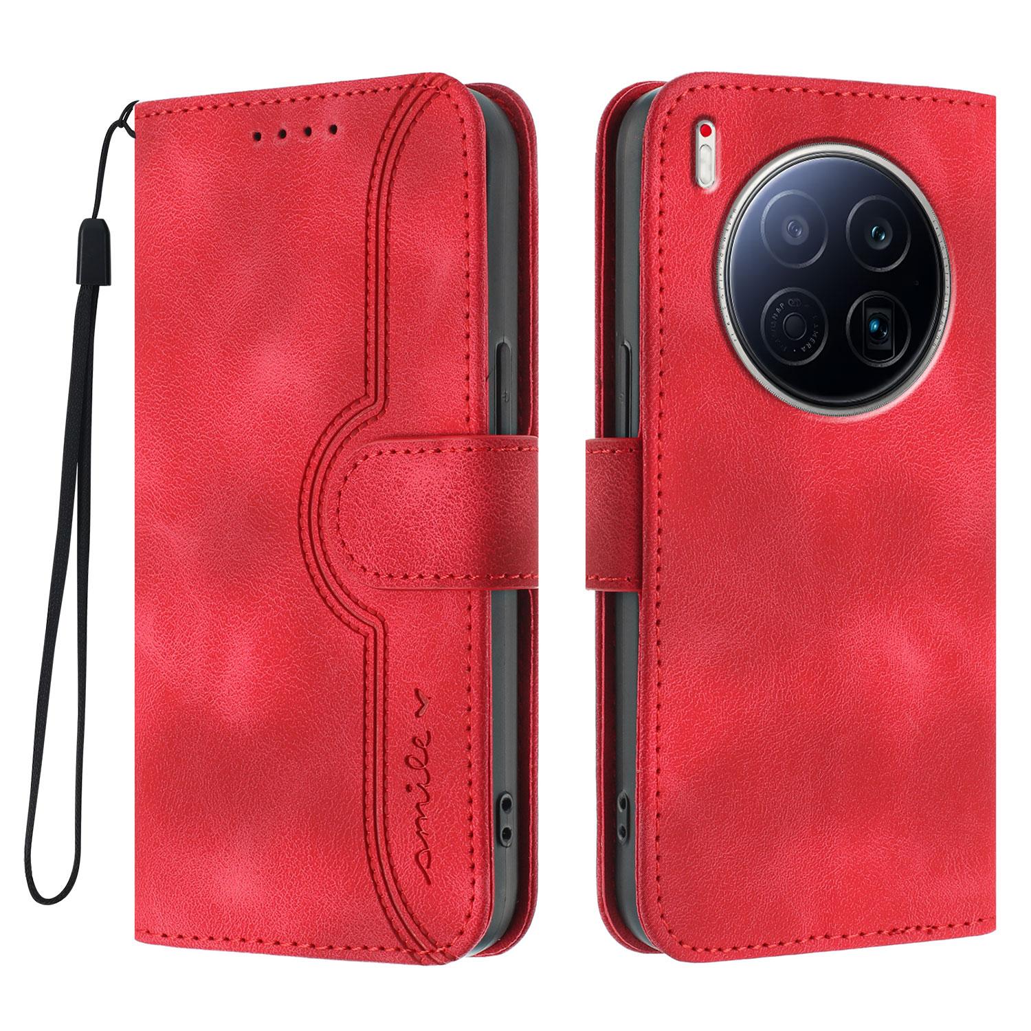 

For TECNO Camon 40 Premier 5G Leather Case Wallet Stand Smile Imprinted Phone Cover with Strap Red