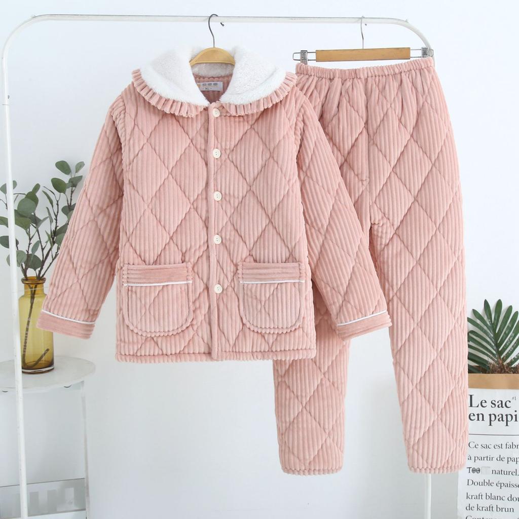 Coral Velvet Three-layer Quilted Jacket Pajamas Women's Autumn and Winter Thickened with Velvet Warm Winter Flannel Home Wear