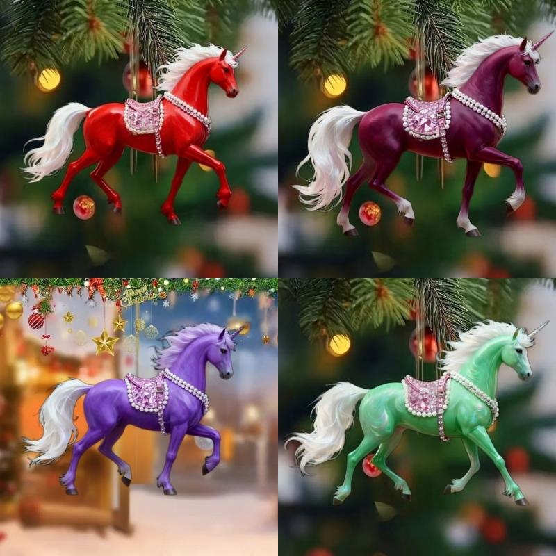 2D Acrylic Horse Charm Car Rearview Mirror Pendant Christmas Tree Hanging Home Decoration New Year Party Ornament Gift