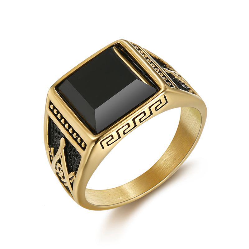 Men's Classic Retro Freemason Ring: Gold-Plated Black Agate on Titanium Steel