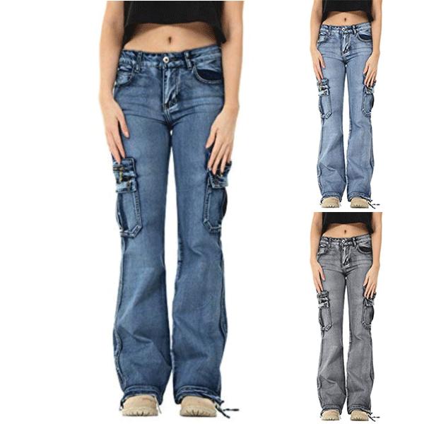 

Женщины Шнурок Ноги Мытые Джинсовые Брюки Свободный Стиль Карго Джинсы