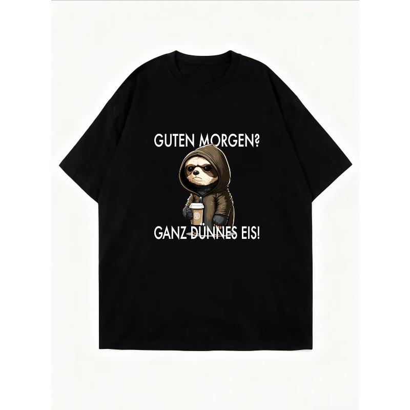 Crewneck T Shirt White Sloth With Coffee And Text Guten Morgen Cane Dunne Eis Casual Wear For Women