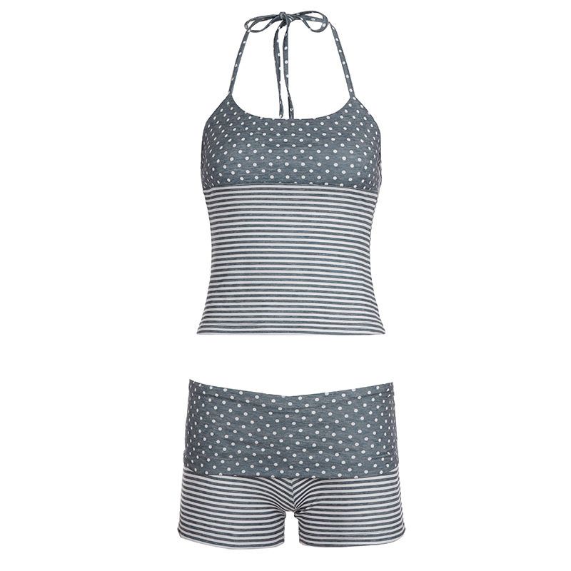 

Cross-Border European and American Style Sexy Casual Home Wear Halter Neck Suspender Shorts Set Polka Dot Stripe Color-Blocking Fashion Two-Piece Set Gray S