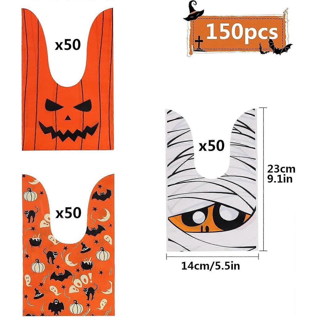 150Pcs Halloween Candy Bags Halloween Pumpkin Zombie Ghost Bat Snack Treat Favor Bags Cookie Sweets Biscuit Bag 3 Styles