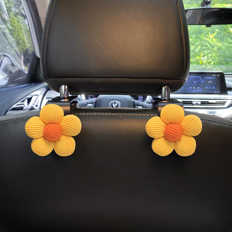 2PCS Cute Cartoon Flower Car Seat Back Hooks Storage Vehicle Headrest Organizer Hanger for Groceries Bag Handbag Auto Decor