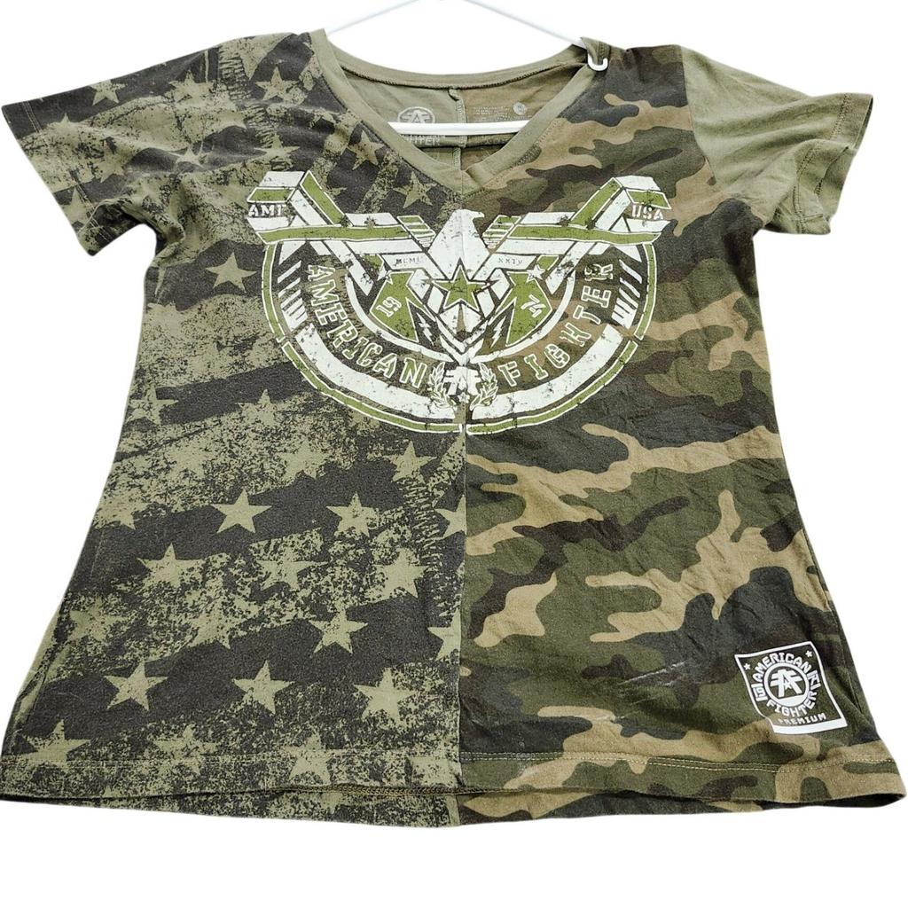 American Fighter Mens V-Neck Camo Stars Graphic Tee Shirt Olive Green Medium Unisex T-Shirt