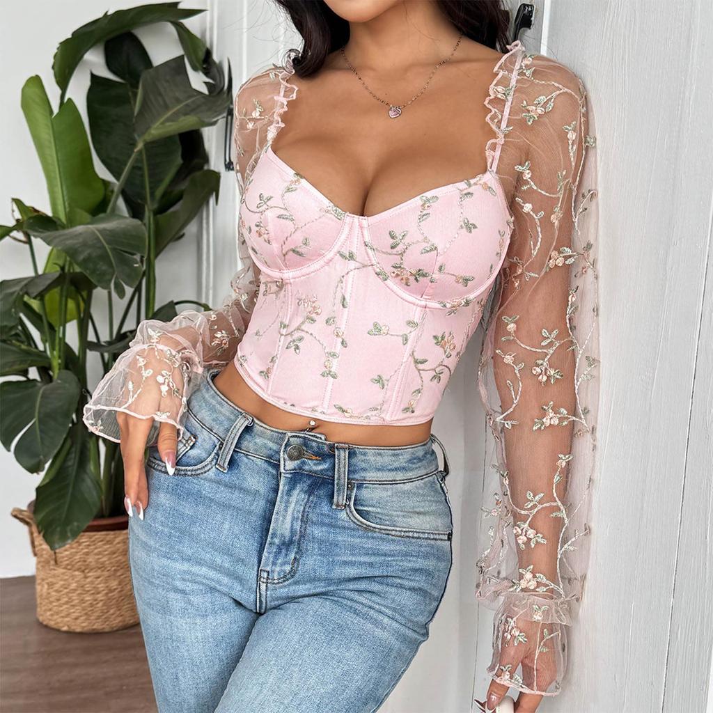 Damen Off-Shoulder Korsett Tops Trendige Floral Bestickte Mesh Langarm Crop Tops