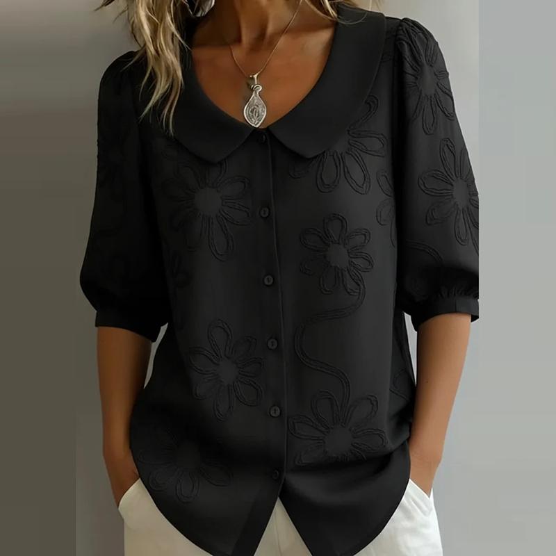 

Elegant Flower Printed Shirts For Women Turn Down Collar Half Sleeve Blouses Women Summer Shirts Office Lady Tops M