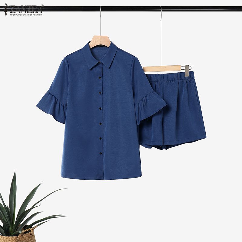 ZANZEA Women Half Sleeve Blouse and Shorts Summer Two Piece Suit Sets