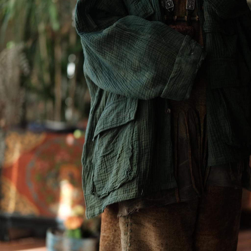 Ancient Mud Light Green Chinese Style Retro Lapel Cotton Linen Jacket