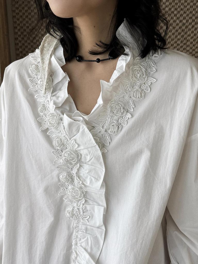 Spring Arrival Women's Beaded Rose Lace Patchwork Shirt