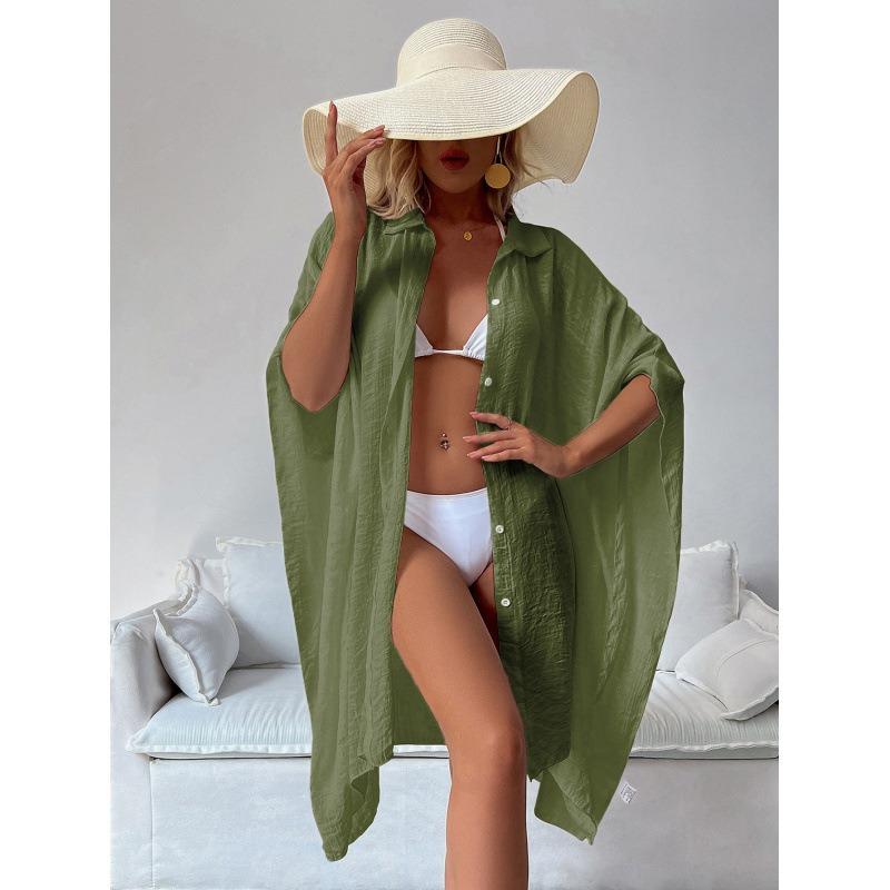 Loose Shirt-Style Beach Cover-Up | Vacation Kimono for Bikini, Long Length Solid Color with Lapel Collar