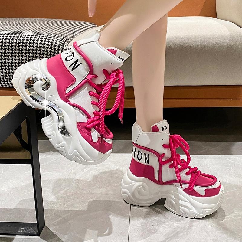 Fashion 8CM Fashion Women Chunky Platform Motorcycle Boots White Lace Up Thick Bottom Shoes Woman Autumn Winter Ankle Botas De Mujer