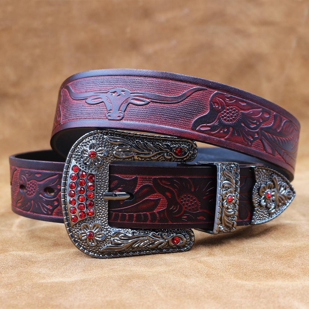 Cowhide Belt Men'S Retro Oil Wax Pin Buckle Leather Belt Men'S Cowhide Embossed Western Belt