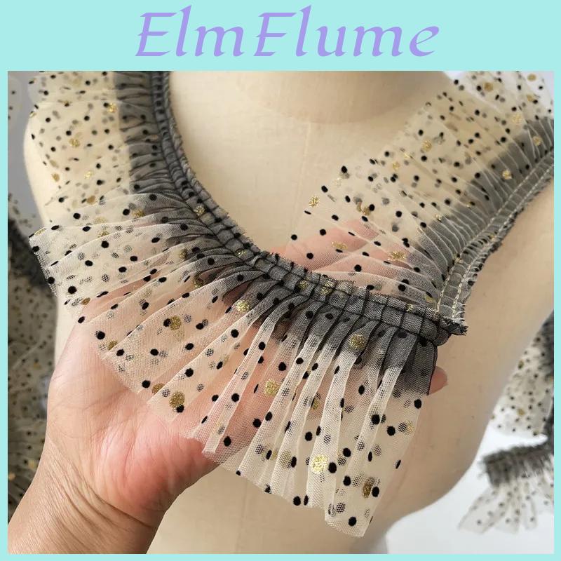 Wide 3meterslot 8cm Beige Mesh Black Dot Fabric Bronzing Gold Dot Pleats Lace Trim Pet Doll Dress Accessories