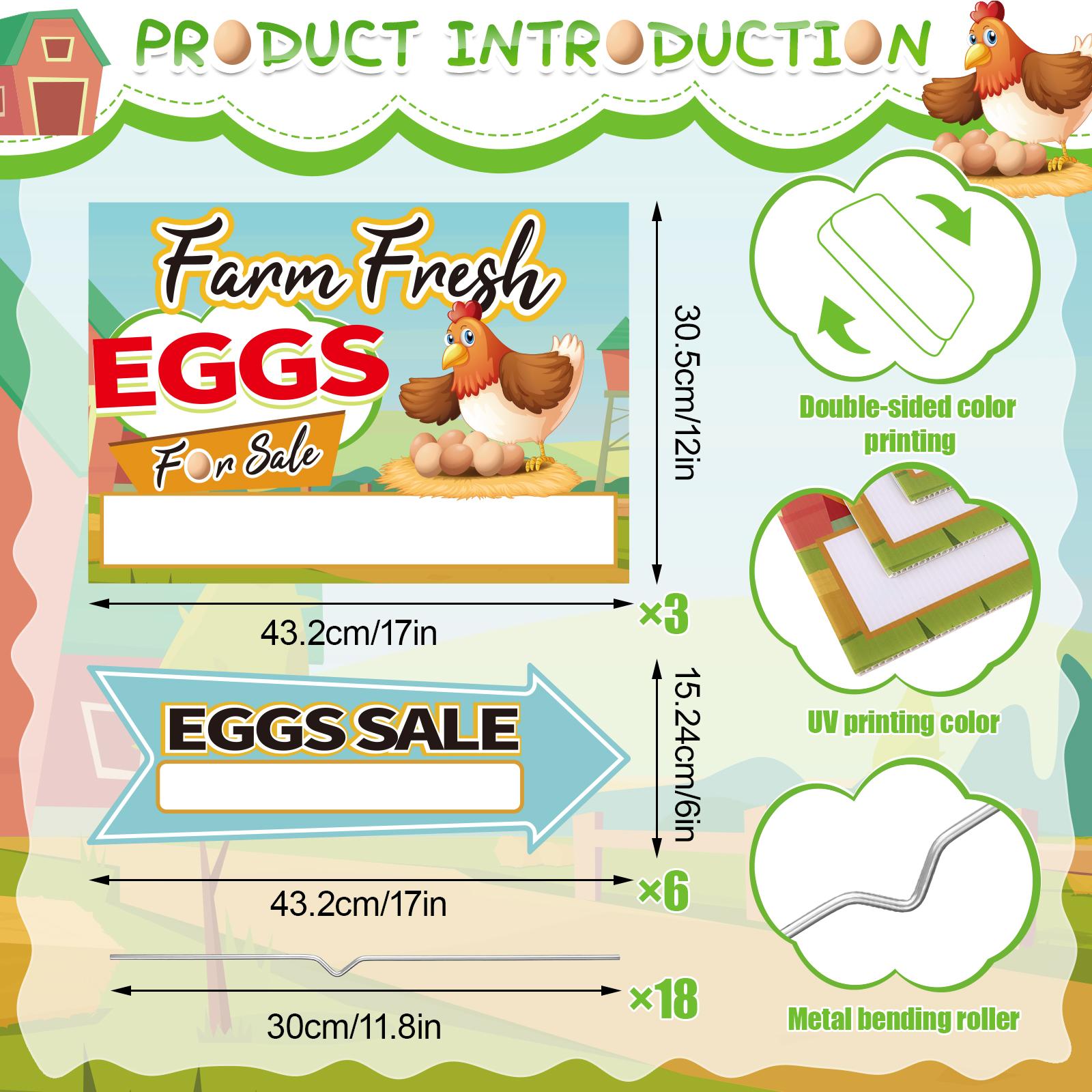 9Pcs Farm Fresh Eggs For Sale Sign Fresh Farm Eggs Handling Instructions With Stakes,17X12 Fresh Eggs Sign Double Sided,17X6 A