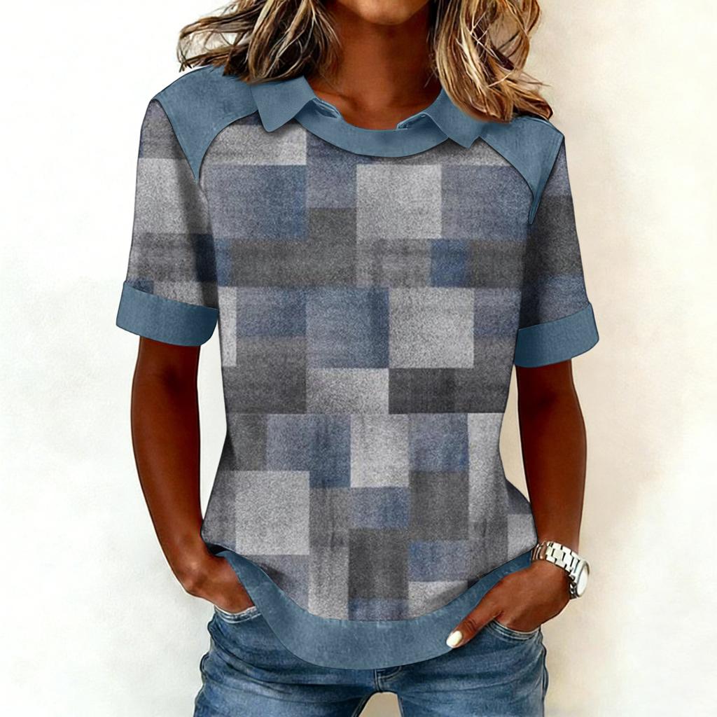 Women's Fashion Collar Cowboy Splicing Sweatshirt Casual Printed Hoodie Short Sleeve Shirt Top