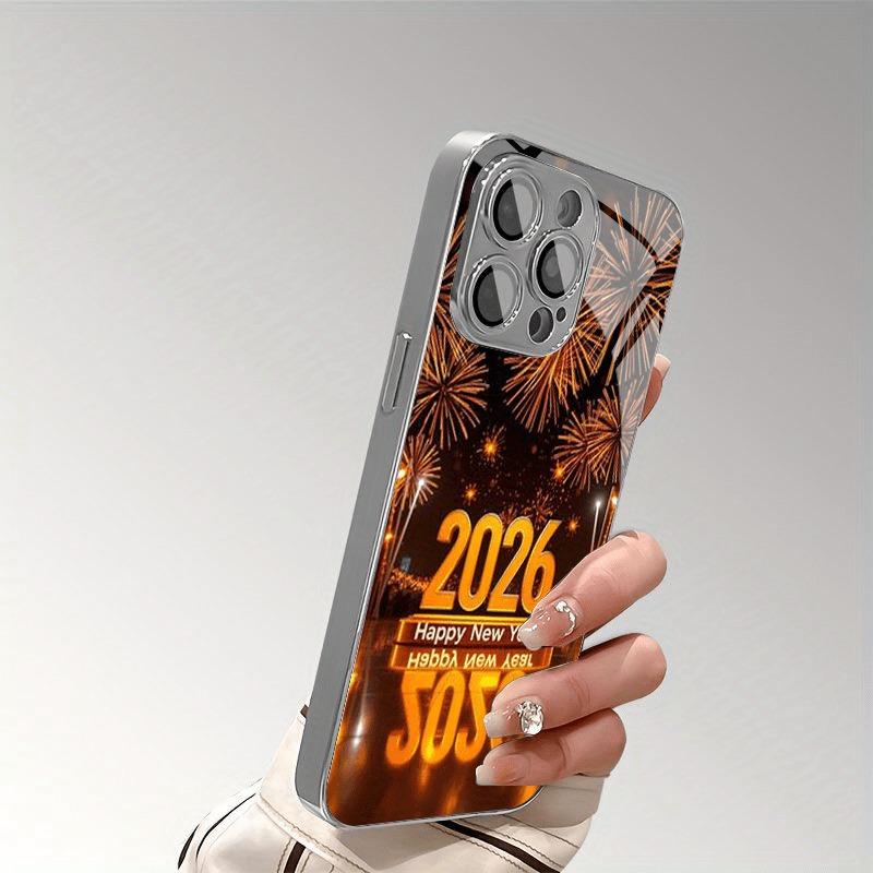 New Year 2026 Pattern Tempered Glass Electroplated Phone Case For iPhone 17 16 15 Pro Max 14 Plus 13 12 11 Pro 16E 17 Air Cover