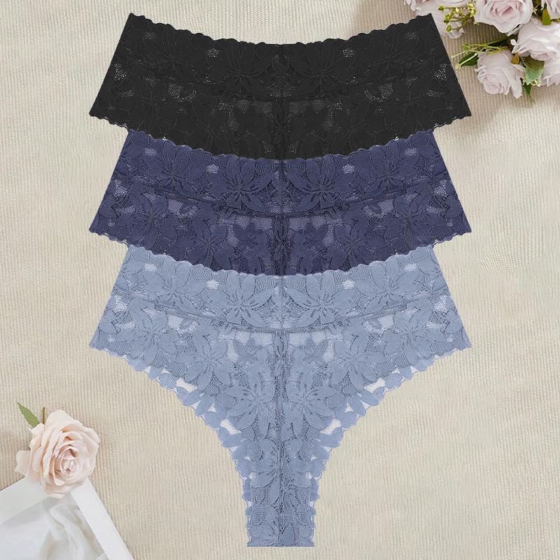 3Pcs/Set Women's High Waist Panties Ladies Sexy Lace Hollow Out Thong Breathable Transparent G-strings Solid Color Soft Lingerie