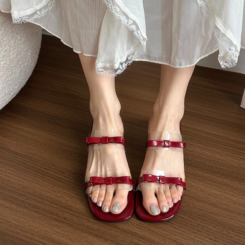 Fashion Fairy Style Bow Slippers Women's Block Heel New Summer Round Head with Skirt French Beautiful Mid-heel Flip-flops